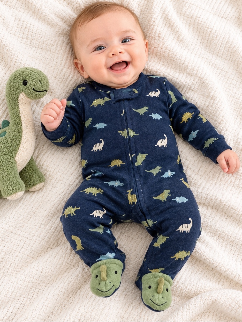 Baby Navy Dinosaur Zip One-Piece Footed Pajamas
